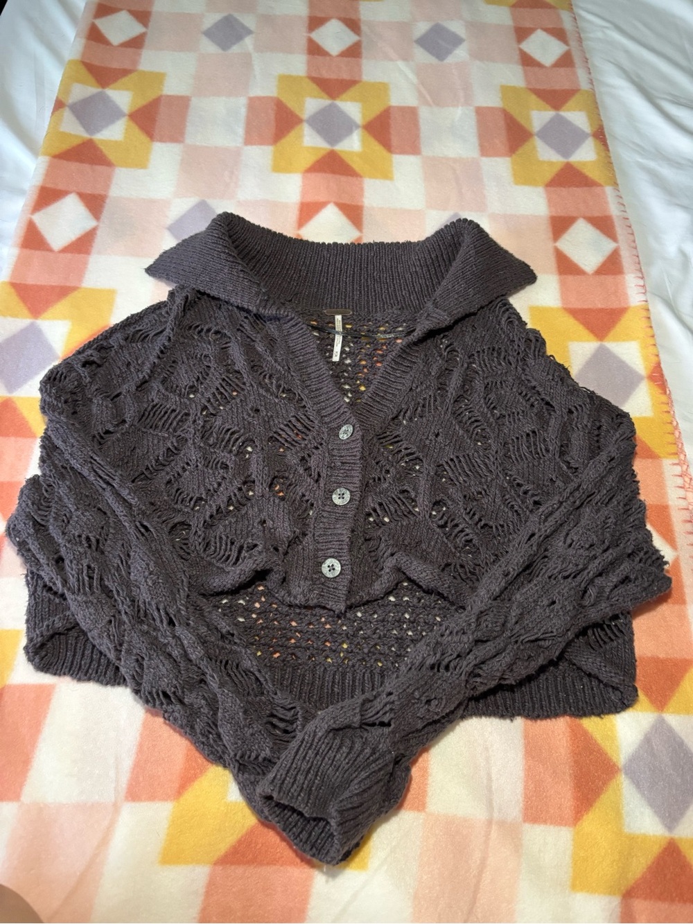 Free People Crocheted Cropped Cardigan in Charcoal M